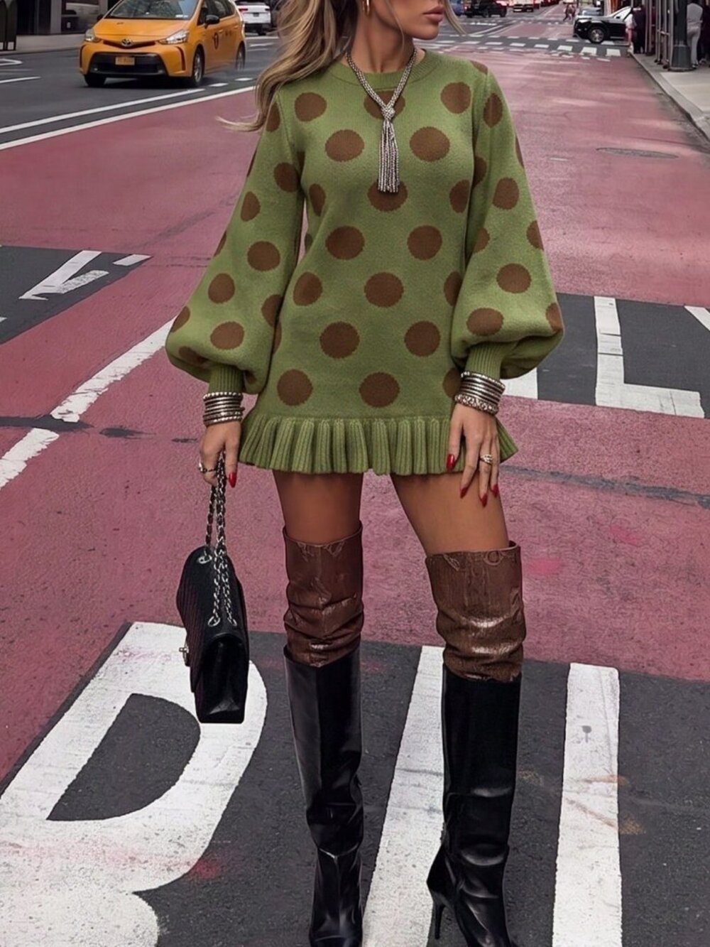 Green Casual Women's Polka-Dot Loose Fit Long Pullover Sweater dress